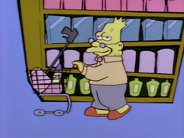 An elderly man with spiky yellow hair, glasses, a tan shirt and grey trousers pushes a wire shopping cart holding cans…
