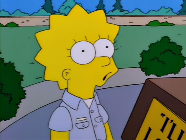 Lisa Simpson is seen first in close-up looking worried, then with her mouth open as she speaks, while Bart Simpson stands…