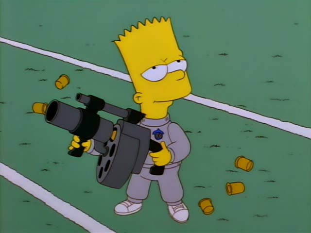 Bart Simpson stands on a green field littered with spent brass shells, then Principal Skinner stands beside a smoking crater…