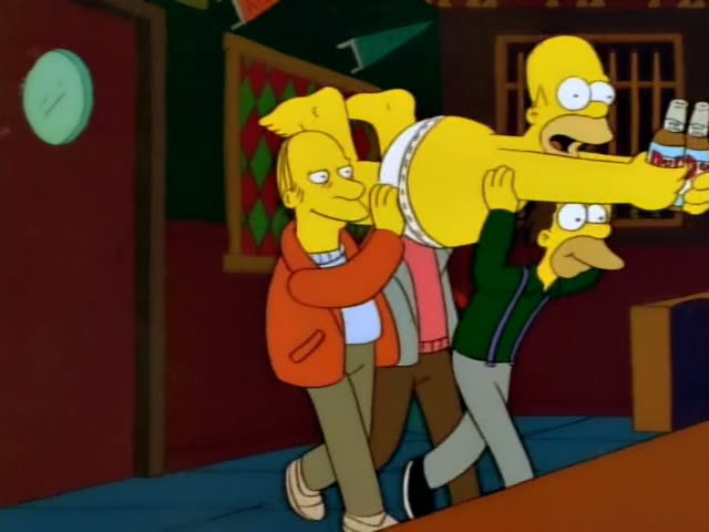 Barney leans on the bar counter beside a bowl of popcorn while Homer is hoisted upside down over the shoulders of two men…