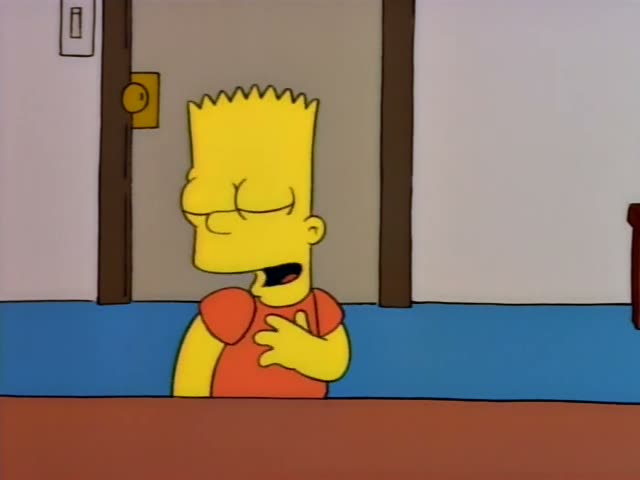 Bart Simpson sits at a brown counter in front of a blue panel, first grinning with his eyes closed, then looking nervous…