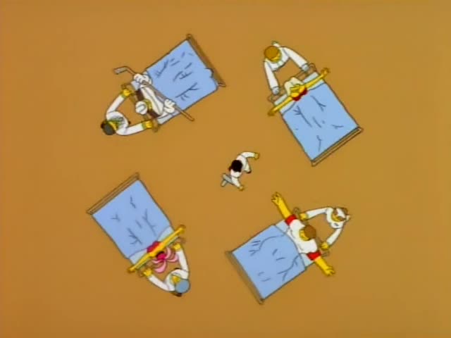 Carl joins a thin black-haired man in a white coat, a nurse with reddish hair in a white cap, and several white-uniformed…