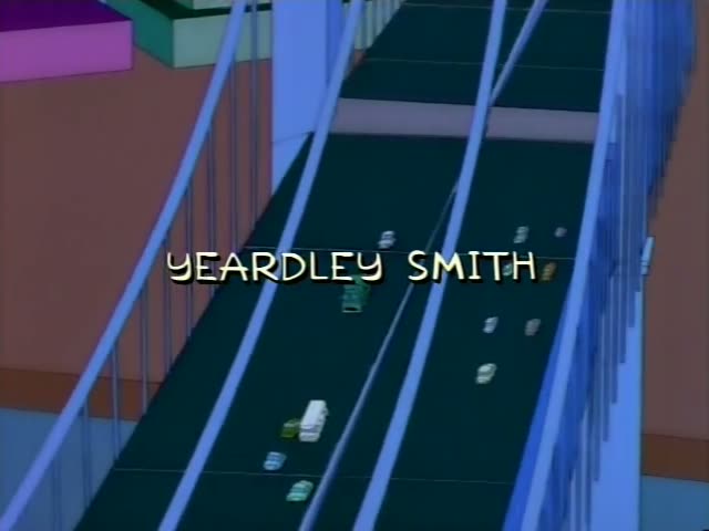 This is the opening credits over a stylized elevated highway with small cars moving in its lanes and a blue and pink…