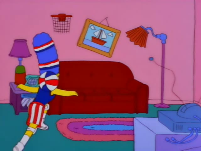 Homer, Marge, Lisa and Bart appear first with Homer in a white shirt and blue pants, gesturing in a purple room beside a red…