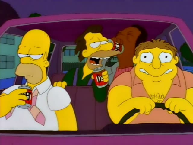 Homer sits in the front passenger seat of a purple car at night, drinking from a red-and-white can while a man in a green…