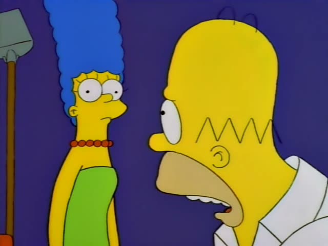 Homer stands in a purple room with a shovel and a pegboard of tools, glaring and gesturing at Marge, who has a tall blue…