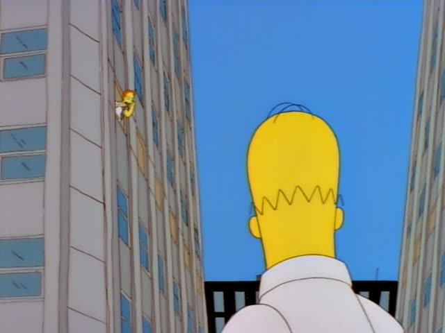 Homer watches a small figure climb the face of a tall grey skyscraper, and the figure shifts across to the right-hand tower…