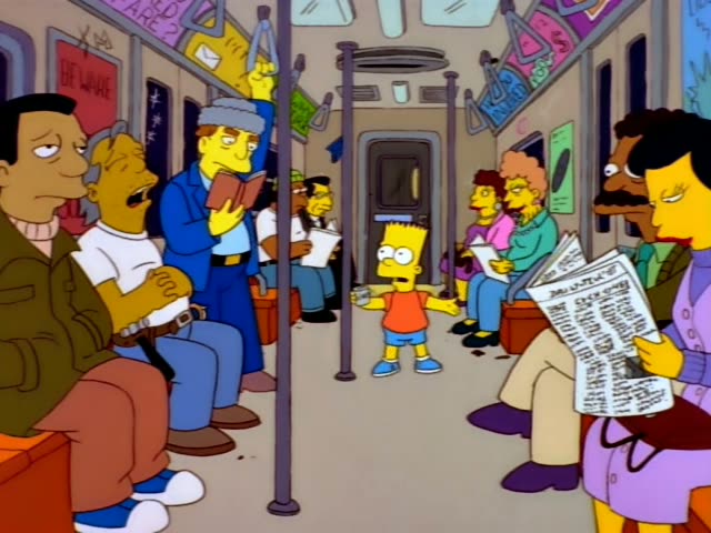 Bart Simpson stands in the middle of a crowded subway car holding a can marked "Give" and spreads his arms while speaking…
