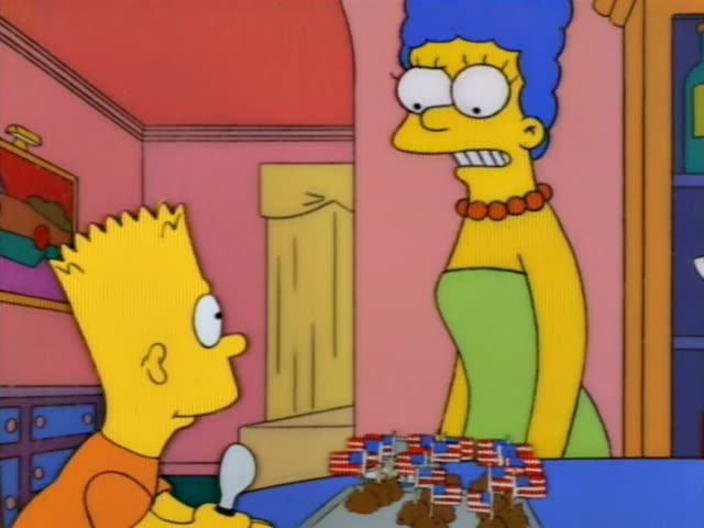 Bart sits at a blue counter across from Marge, who has a tall blue beehive and wears a green dress and red beads
