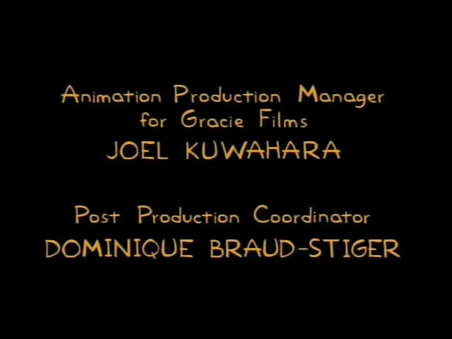 A black closing credits sequence with gold text on a black background