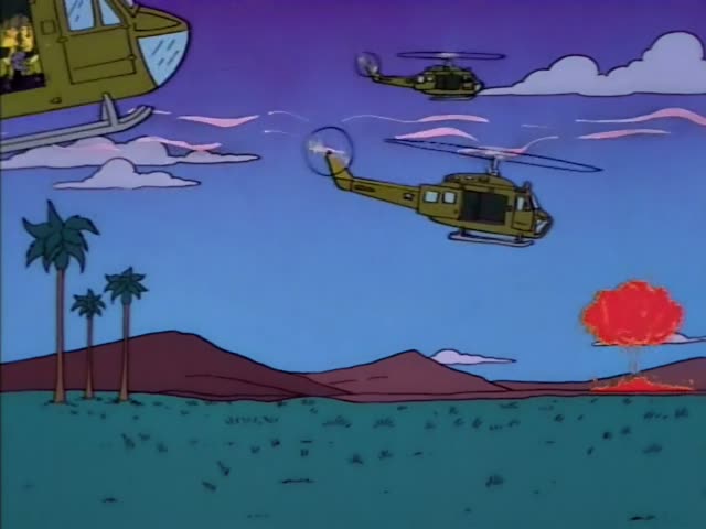 Two olive helicopters fly over a desert with palm trees and a red explosion at the right, then soldiers in green fatigues…
