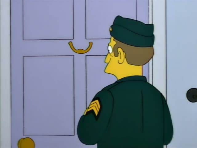 A uniformed army sergeant in a dark green dress uniform and cap stands at a lavender front door with a horseshoe-shaped gold…