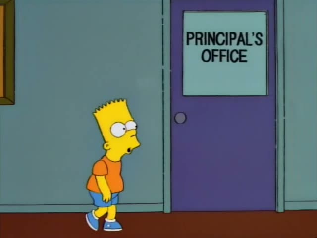 Bart walks down a hallway past a bulletin board and knocks on a door marked OFFICE beside a door labeled PRINC...…