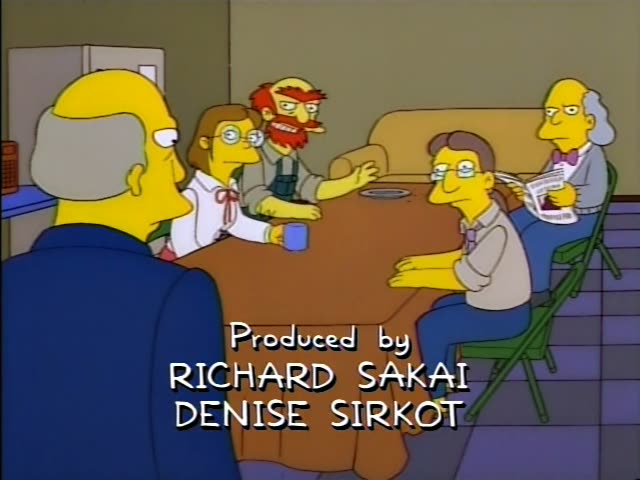 Principal Skinner stands with his arms crossed by a green door with a window, while a red-bearded man in green overalls…