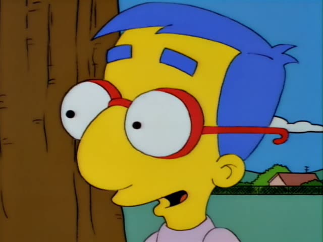 Milhouse peeks out from beside a tree trunk, then Bart appears at the same spot before standing on a long red bench…
