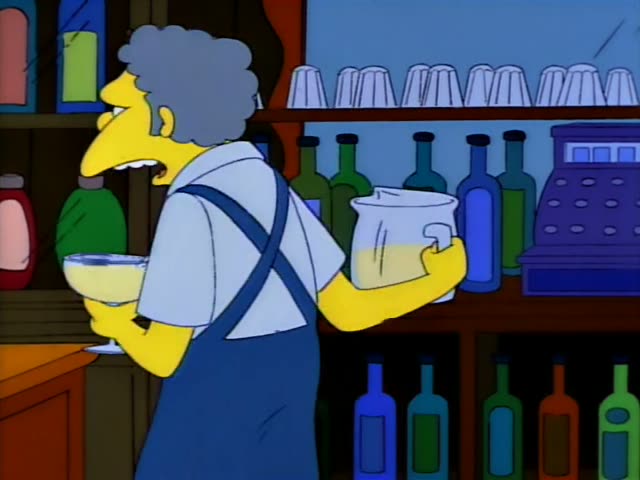 Moe works behind his bar, then faces a thin man in a blue suit with round glasses and a green tie who holds a cocktail…