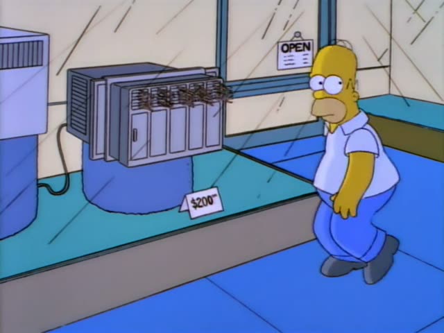 Homer first stands at a shop window displaying a window air conditioner with a $200 price tag, then turns to look at King…