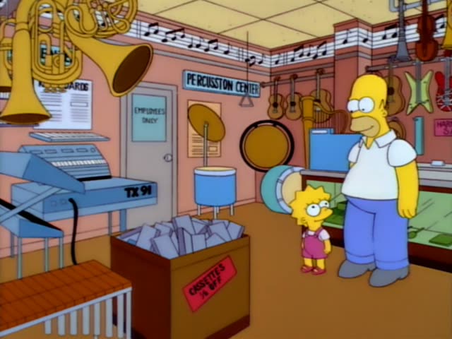 Homer and Lisa stand in the Percussion Center music shop, with keyboards, a cassette bin marked Cassettes 1 for $…