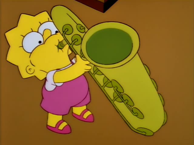 Lisa and Homer stand in a music shop, with Lisa holding a green saxophone