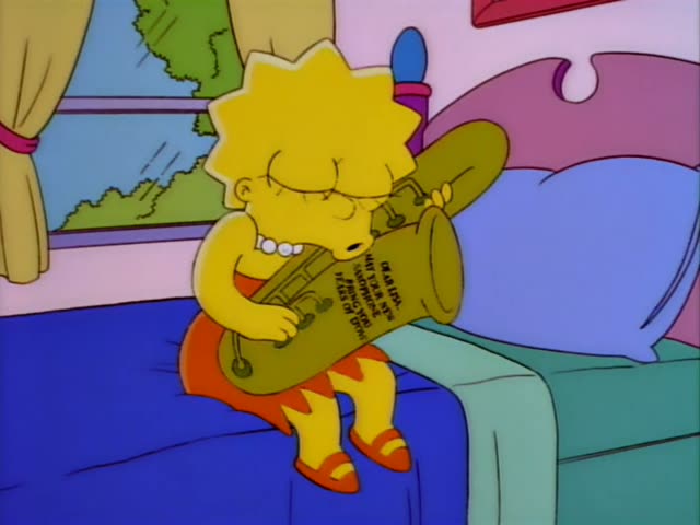 Lisa sits on her bed playing a gold saxophone with a note reading "Dear Lisa, may your new saxophone bring you years of joy"…