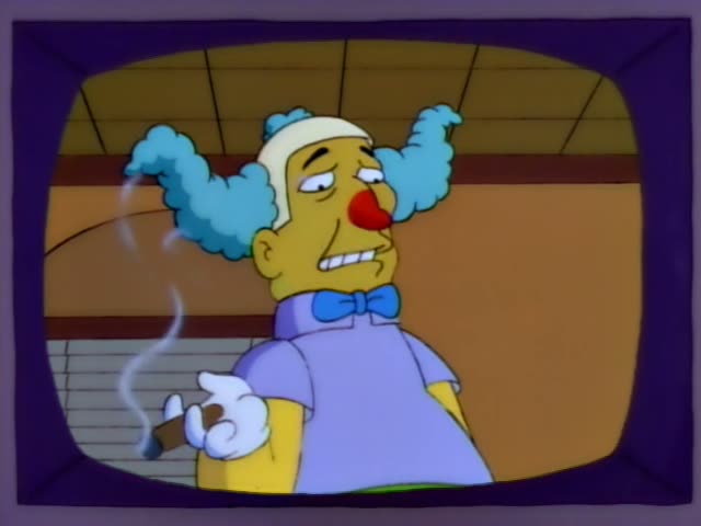 Krusty the Clown smokes a cigar on a television screen