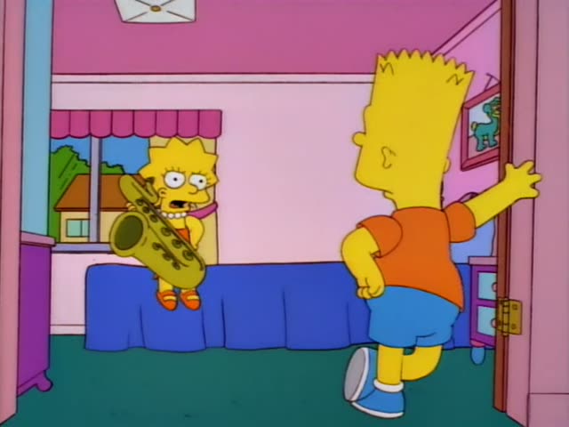 Bart and Lisa are in Lisa's pink bedroom with a blue bed and a window with a pink valance