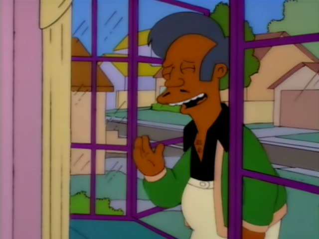 Apu stands at a window in the first five images, smiling, closing his eyes, and then looking startled with wide eyes…
