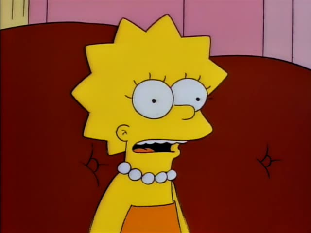 Lisa Simpson sits in front of a red couch and pink wall, first grinning wide, then looking flustered, grimacing, and turning…