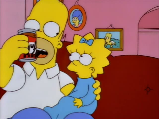 Homer Simpson sits on a red couch in a pink living room, holding a can of Duff beer and talking to Maggie, who wears a blue…