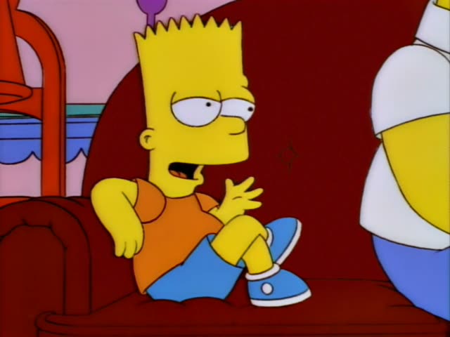 Bart Simpson sits on a red couch in his orange shirt and blue shoes, gesturing as he talks, then closes his eyes and raises…