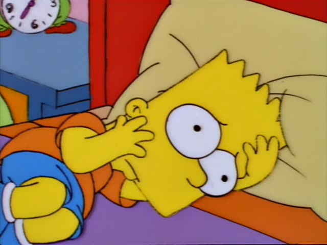 Marge stands at the left edge in a yellow dress with a red bead necklace, her tall blue beehive hair framed against a pink…