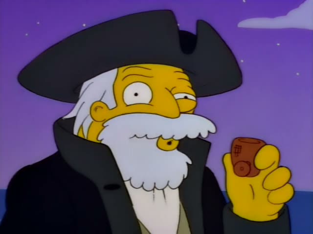 An old white-bearded man in a black tricorn pirate hat and dark coat stands against a purple night sky with stars and a dark…