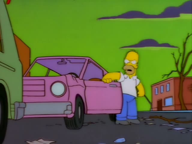 Homer stands on a street beside his pink car with its hood up, then faces a green van where a skeleton-like driver…