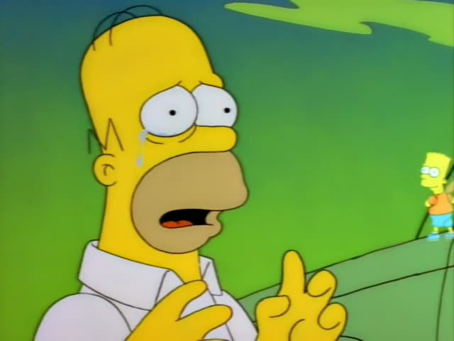 Homer stands in the foreground on the left, crying and gesturing with his hands while he speaks, with tears streaming down…