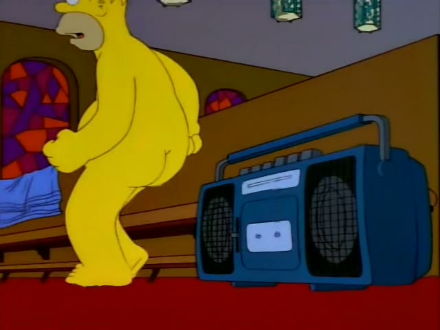 Homer dances on a wooden church pew beside a blue boombox as stained-glass windows, red carpet, and rows of pews fill…