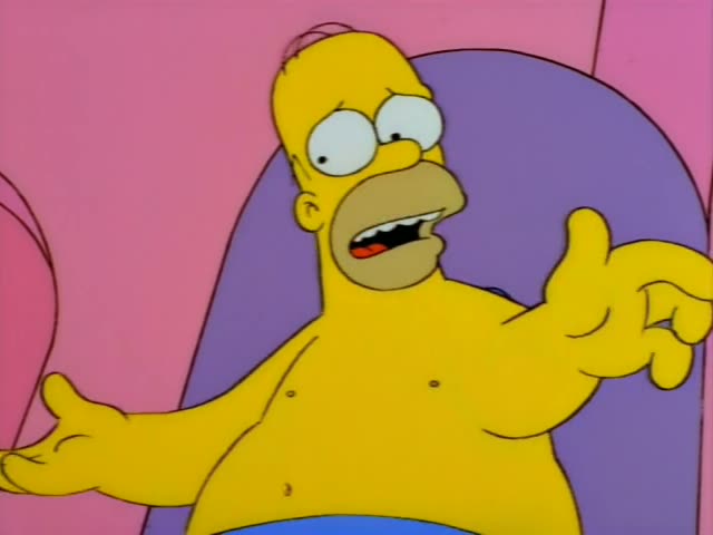 Homer stands in a pink living room with Lisa in her red dress, Bart in his orange shirt, and baby Maggie with a pacifier…