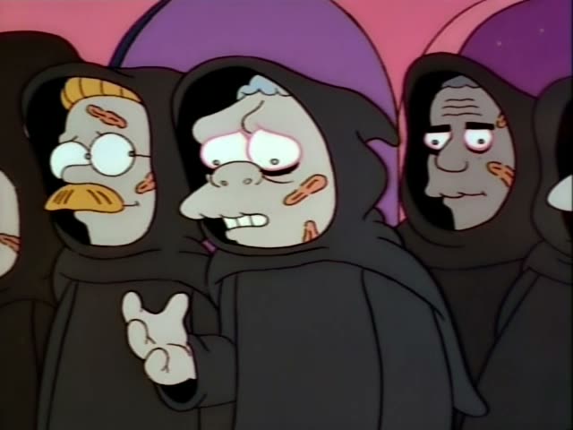 A group of hooded figures in dark robes with pale, sore-marked faces stand together under purple umbrellas against a pink…