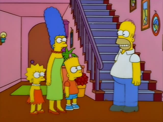 Homer, Marge with her tall blue beehive, Bart in his orange shirt and Lisa in her red dress stand in the pink front hall…