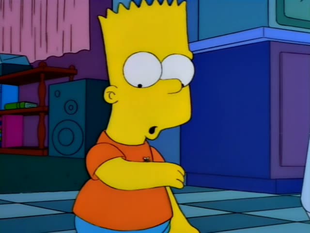 Bart Simpson first stands smiling and fidgeting in a kitchen before stepping into a white tubular machine with a blue…