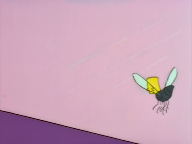 Bart buzzes across a pink wall, then is caught against a grey bug zapper in a purple-walled room where Homer in blue pajamas…