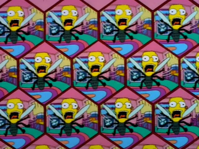 Bart chases a fly with a mesh fly swatter while Marge with her tall blue beehive and Homer in his white shirt and blue pants…