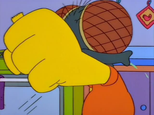 Bart wears a giant fly's head with mesh eyes and is first seen in a kitchen by a green stove, then with his small head…
