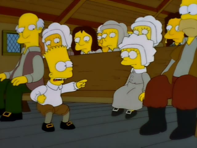 Bart stands in a wooden meetinghouse with the wrinkled old man in green, Lisa-like girl