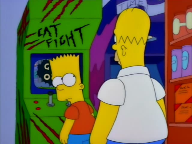 Bart stands at a green CAT FIGHT arcade cabinet whose screen reads GAME OVER, while Homer watches from behind him