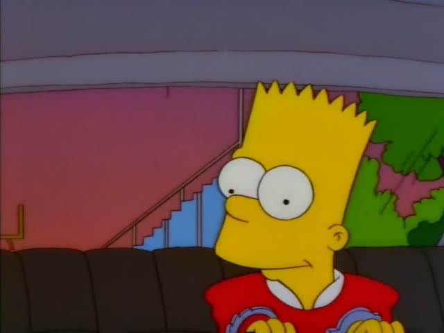 Bart sits in the back seat of a car while Chief Wiggum drives
