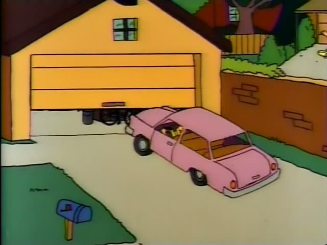 Homer, Bart, and a small yellow figure in a pink car are at the Simpsons' garage and driveway, where Bart rides a skateboard…