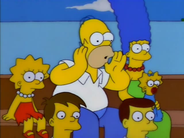 Homer sits on a wooden bench beside Marge with her tall blue beehive, while Lisa, Maggie and two unnamed brown-haired boys…