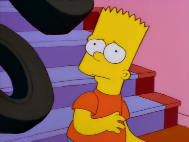 Bart stands on a staircase with purple steps and pink walls, and Homer confronts him