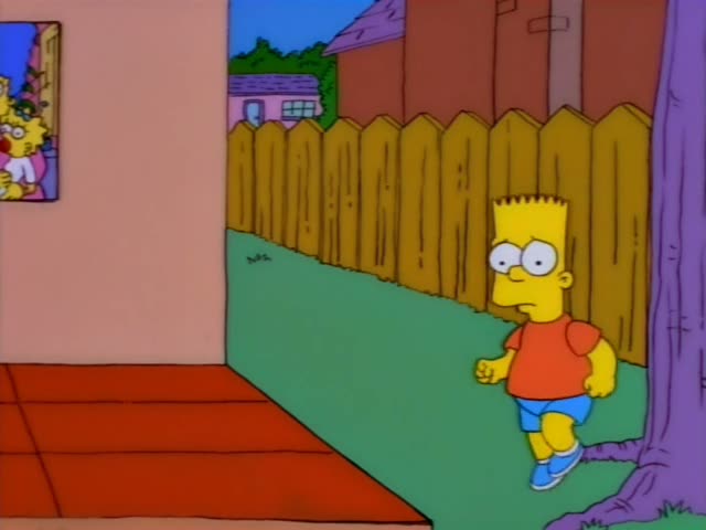 Bart runs along a grassy path beside a wooden fence, then slows to a dejected walk and slumps toward a red porch in front…