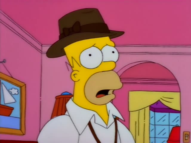 Homer first stands in a pink room looking worried, then turns to a purple-framed window to watch Bart walk across a green…